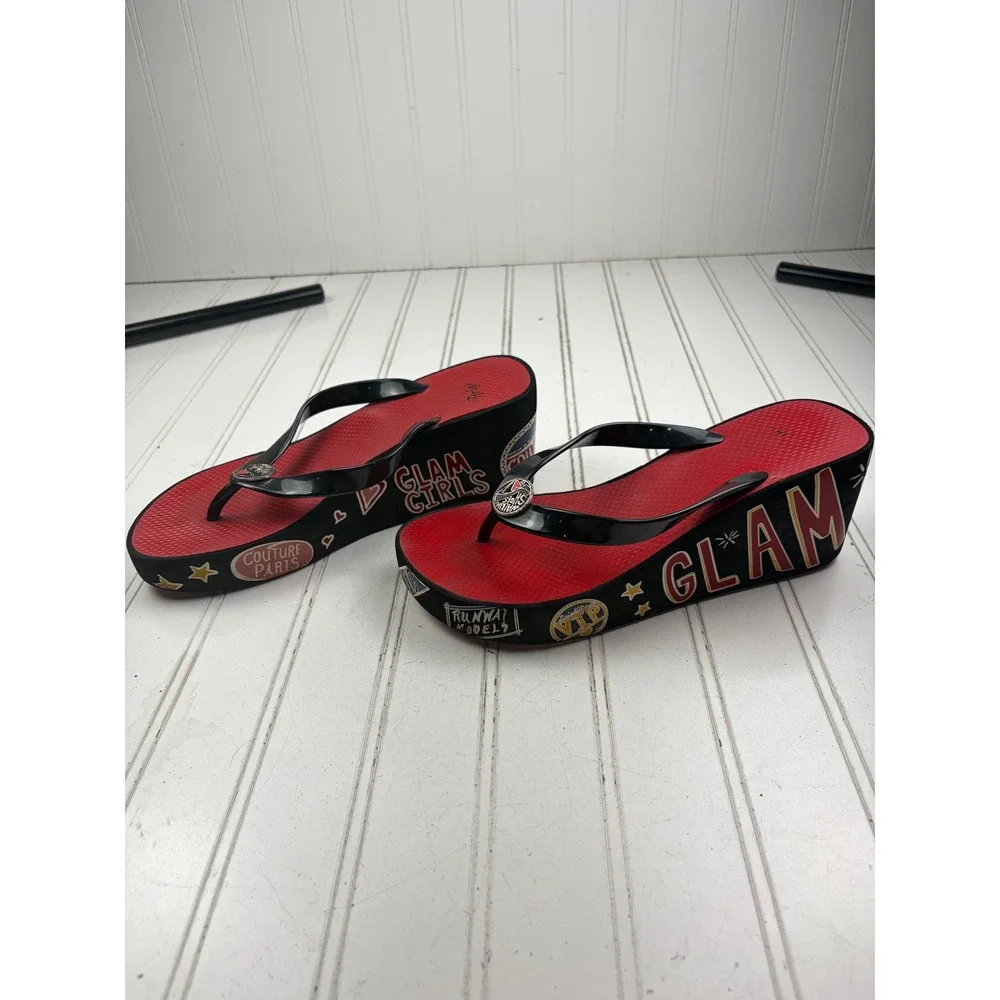 Brighton Vintage Y2K Glam Red Platform Wedge Flip Flops Women's Size 8